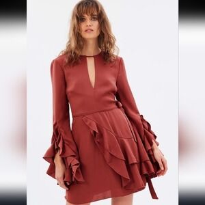 C/Meo Collective Gossamer Tulip Wrap Ruffle Layer Slit Bell Sleeve Key Hole Mini